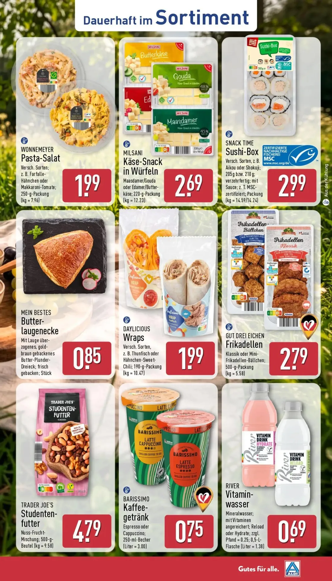 Aldi Nord Prospekt, Seite 39 von 45 — Wonnemeyer Pasta-Salat, MILSANI Käse-Snack in Würfeln, SNACK TIME Sushi-Box
