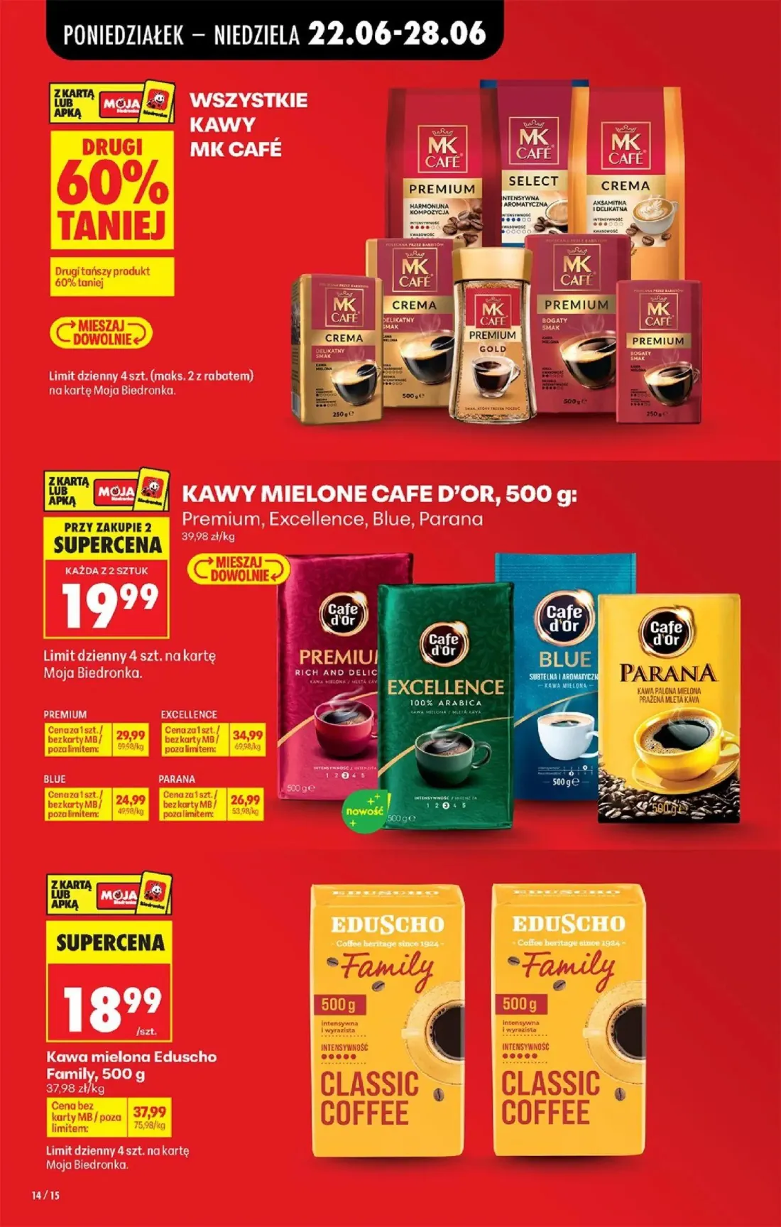 Biedronka gazetka, strona 14 z 96 — KAWY MIELONE CAFE D'OR Premium, Excellence, Blue, Parana, Kawa mielona Eduscho Family