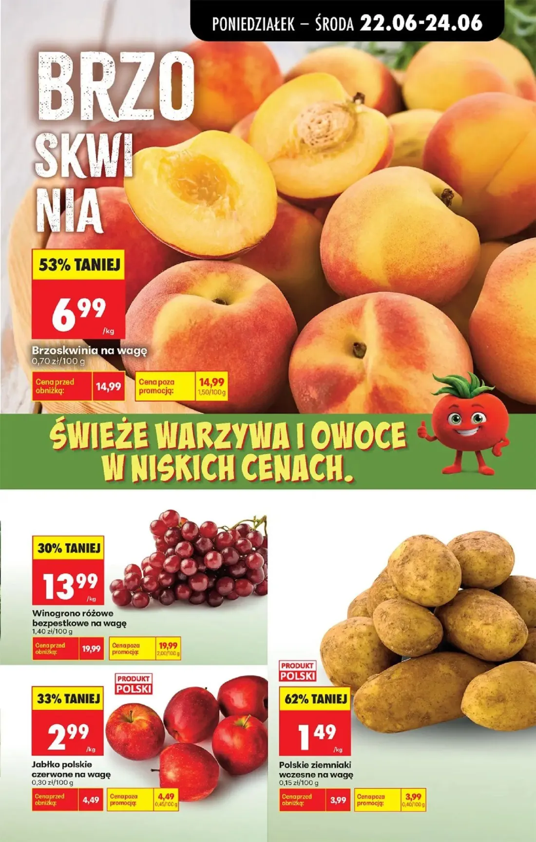 Biedronka gazetka, strona 33 z 96 — Brzoskwinia, Winogrono różowe bezpestkowe, Polskie ziemniaki wczesne