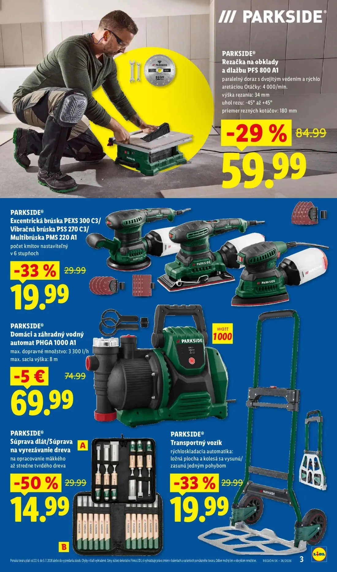 Lidl leták, strana 3 z 8 — PARKSIDE® Rezačka na obklady a dlažbu PFS 800 A1, PARKSIDE® Súprava dlát/Súprava na vyrezávanie d…