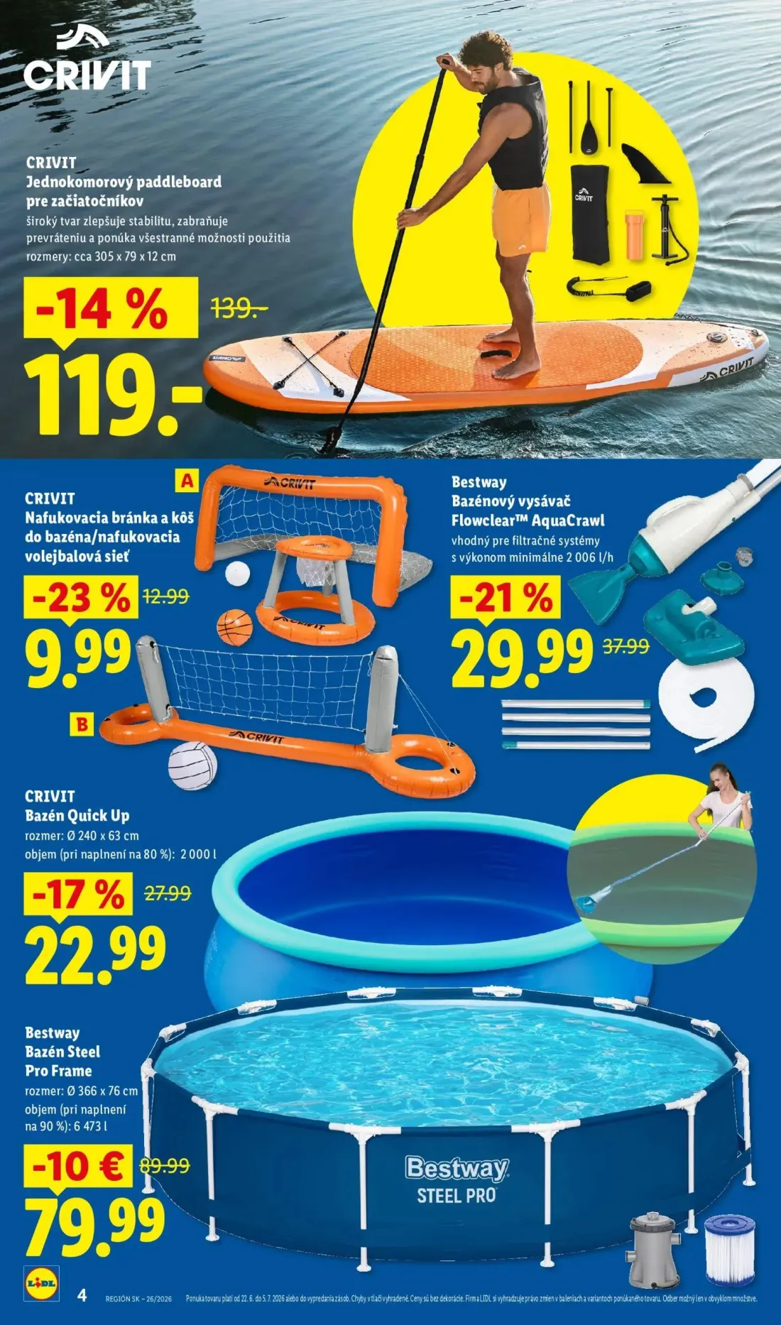 Lidl leták, strana 4 z 8 — Jednokomorový paddleboard pre začiatočníkov, Bazén Steel Pro Frame, Bazénový vysávač Flowclear™ A…