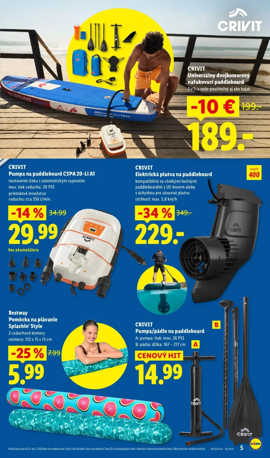 Lidl leták, strana 5 z 8 — Elektrická plutva na paddleboard, Univerzálny dvojkomorový nafukovací paddleboard, Pumpa na paddl…
