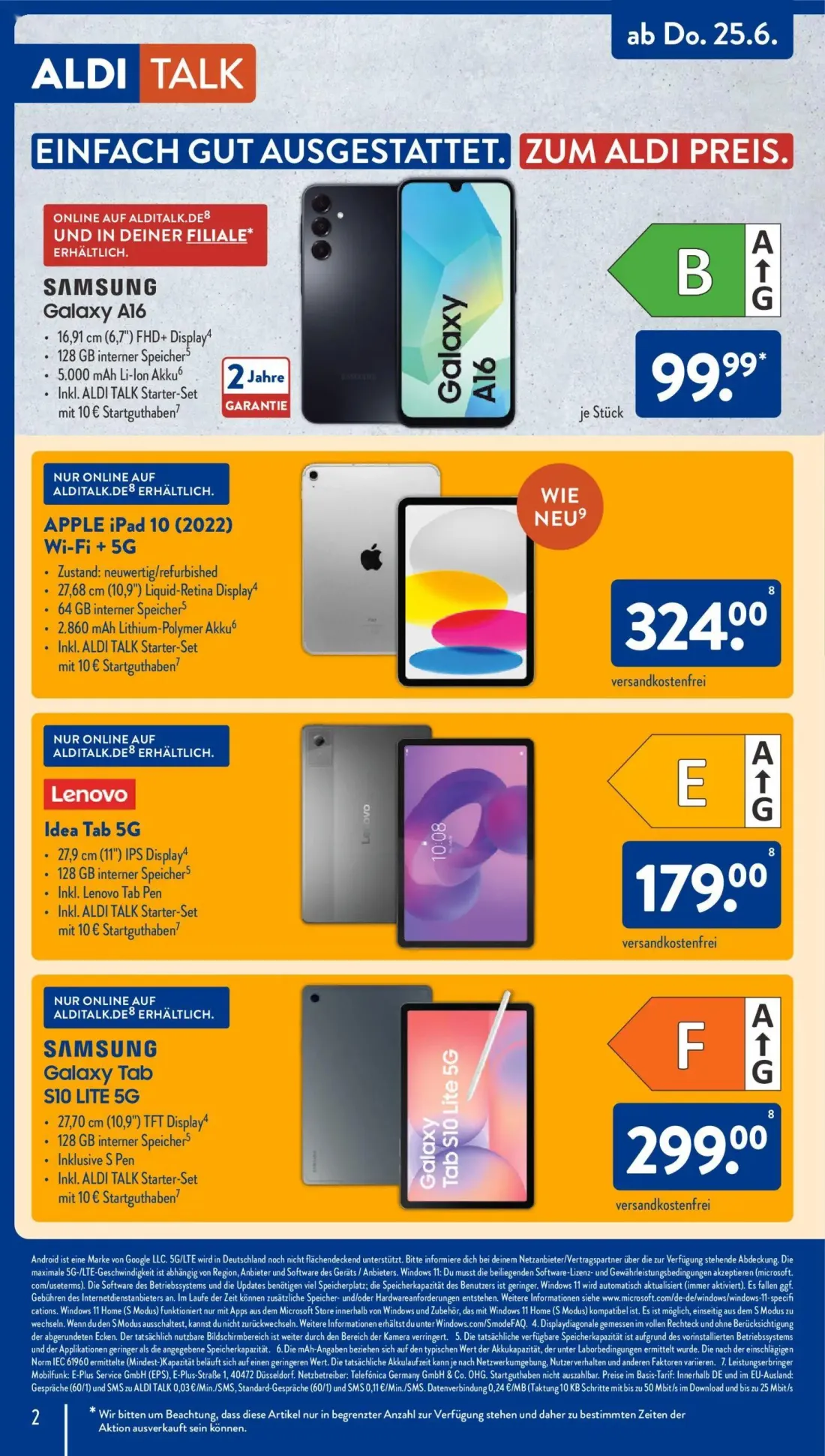 Aldi Süd Prospekt, Seite 2 von 4 — Apple iPad 10 (2022) Wi-Fi + 5G, Lenovo Idea Tab 5G, Samsung Galaxy Tab S10 Lite 5G