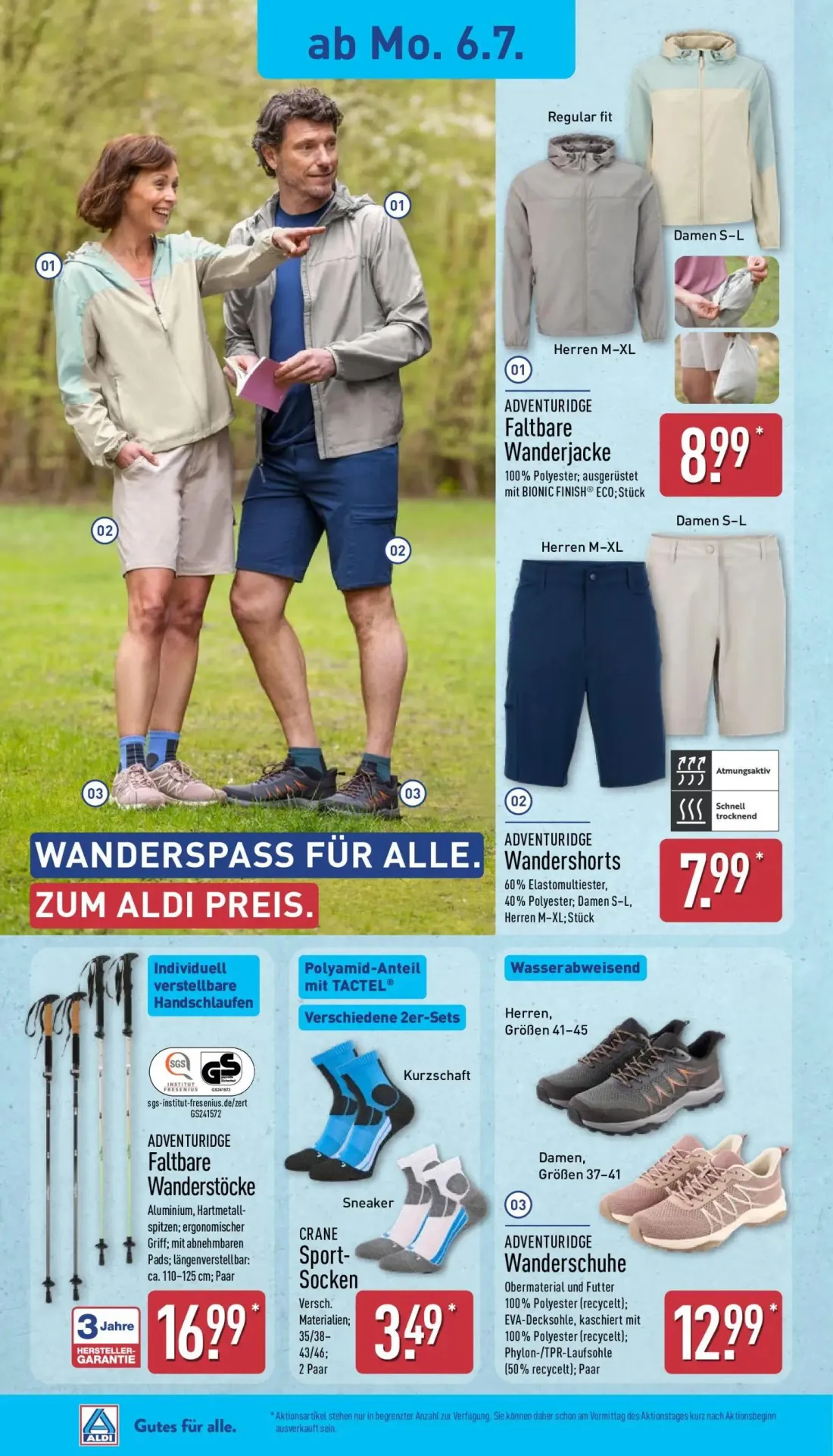 Aldi Nord Prospekt, Seite 7 von 15 — Faltbare Wanderjacke, Wandershorts, Faltbare Wanderstöcke