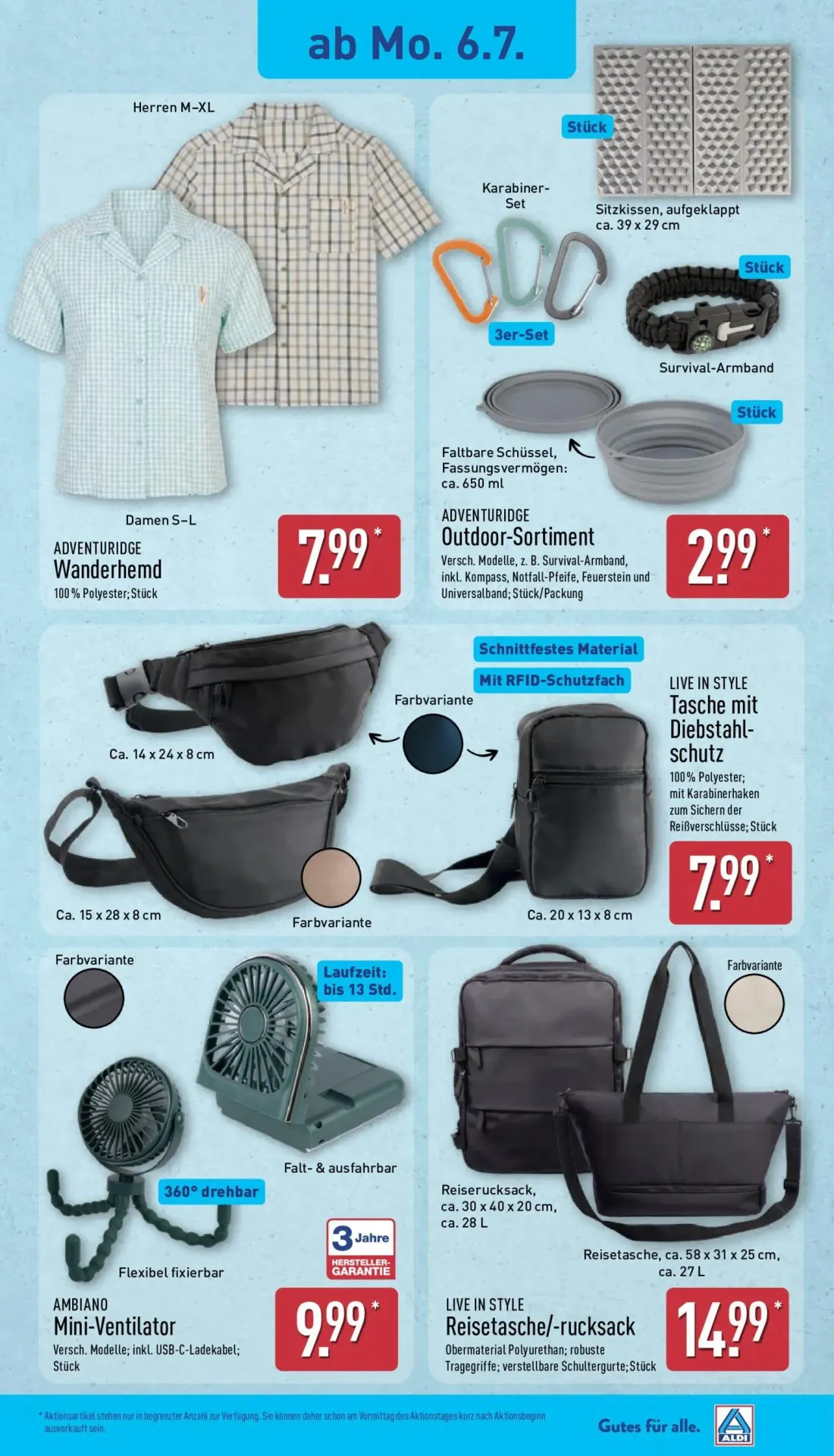 Aldi Nord Prospekt, Seite 8 von 15 — ADVENTURIDGE Wanderhemd, ADVENTURIDGE Outdoor-Sortiment, LIVE IN STYLE Tasche mit Diebs…