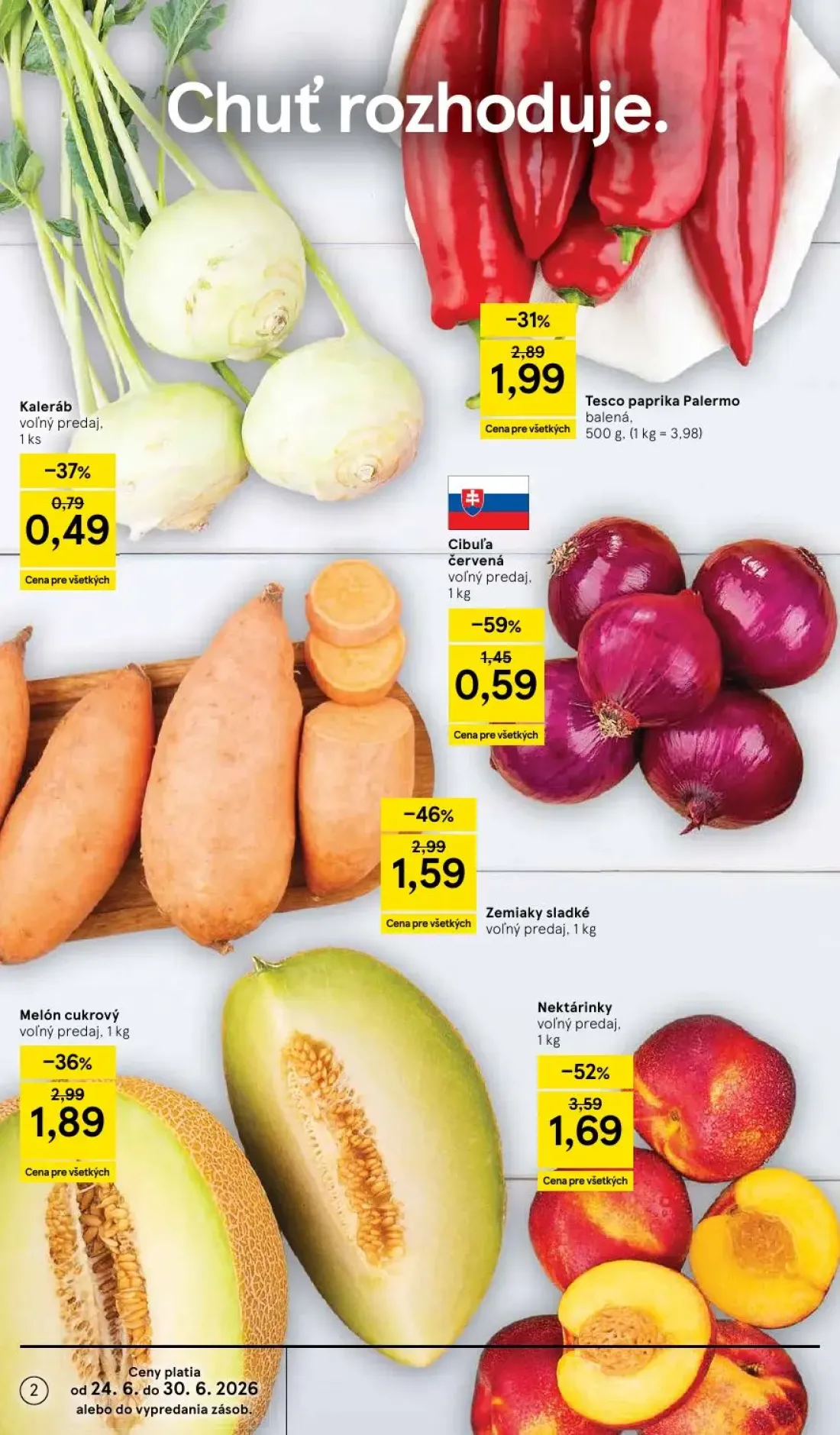 Tesco Supermarket leták, strana 2 z 33 — Nektárinky, Zemiaky sladké, Melón cukrový