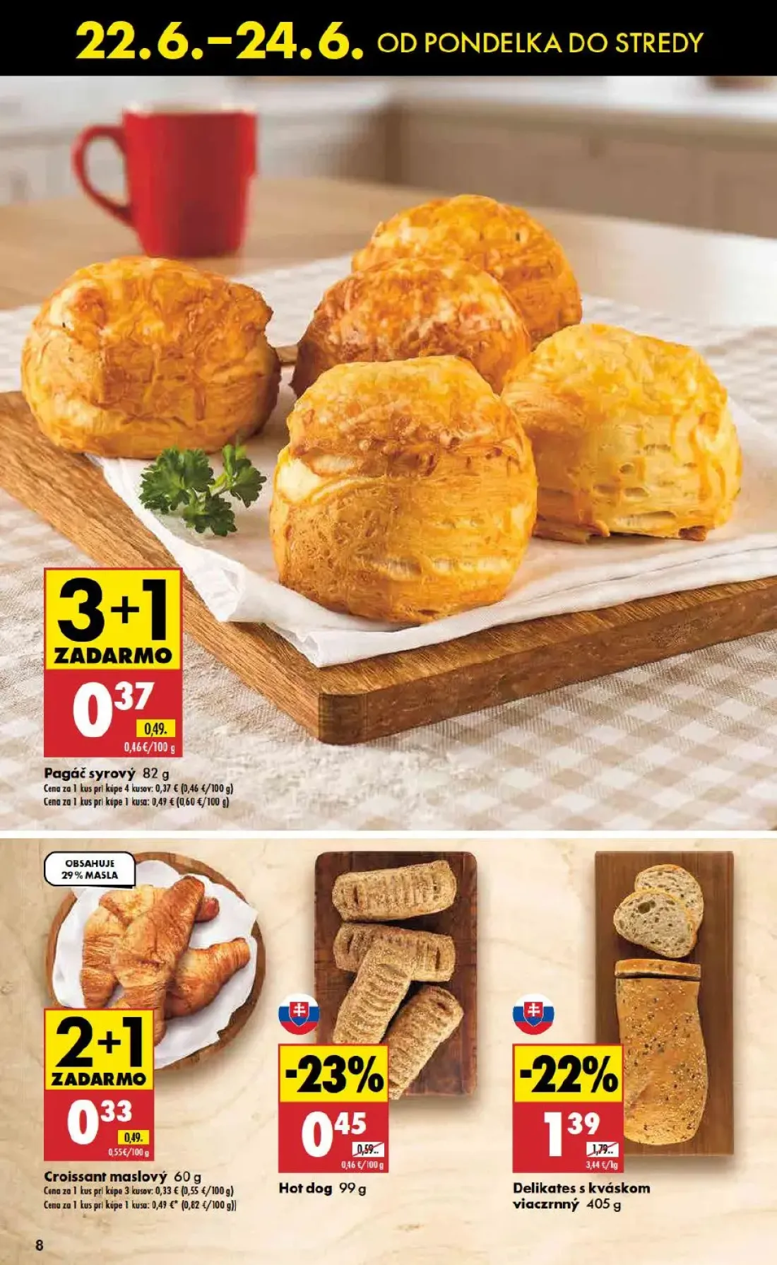 Biedronka leták, strana 8 z 11 — Delikates s kváskom viaczrnný, Croissant maslový, Hot dog