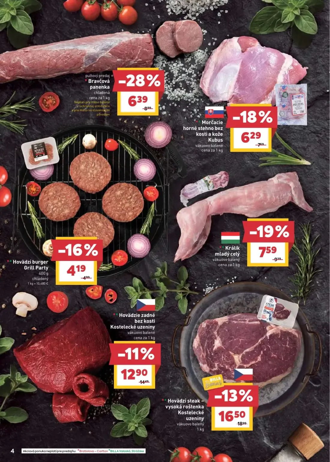Billa leták, strana 4 z 29 — Bravčová panenka, Hovädzí steak - vysoká roštenka Kostelecké uzeniny, Králik mladý celý