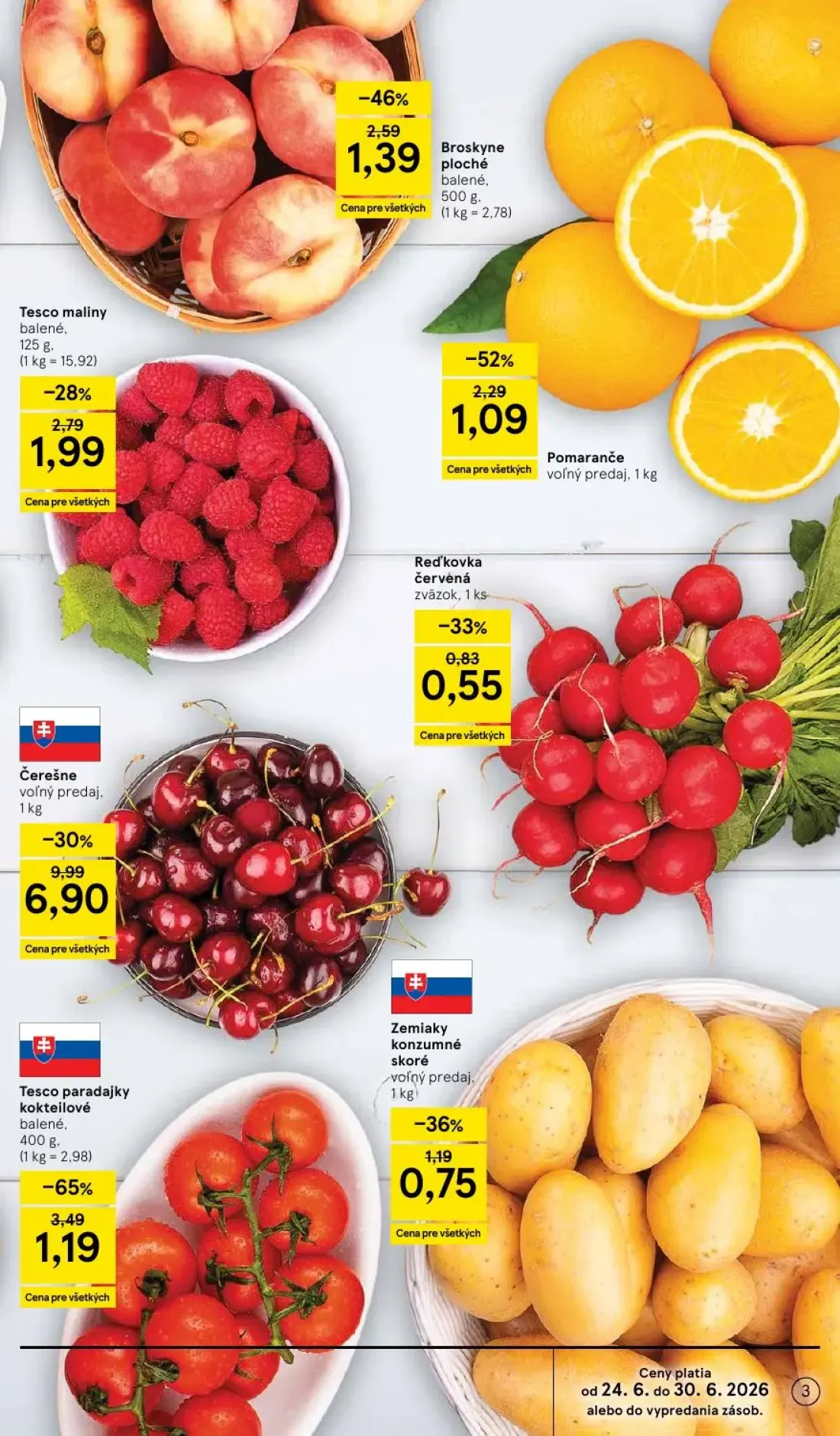 Tesco Supermarket leták, strana 3 z 33 — Čerešne, Tesco paradajky kokteilové, Broskyne ploché