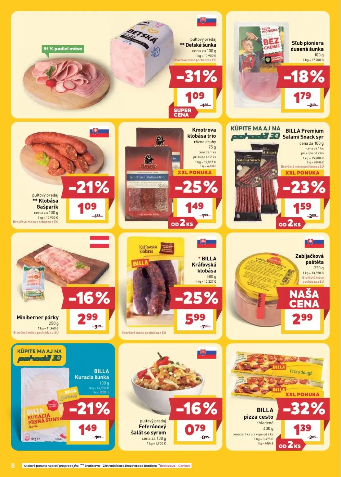 Billa leták, strana 8 z 29 — BILLA Kráľovská klobása, BILLA pizza cesto chladené, BILLA Premium Salami Snack syr