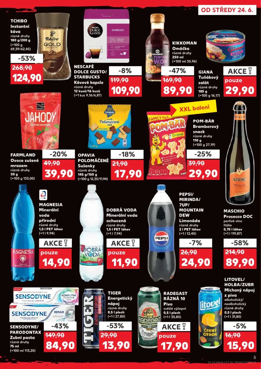 Kaufland leták, strana 5 z 54 — TIGER Energetický nápoj, PEPSI/ MIRINDA/ 7UP/ MOUNTAIN DEW Limonáda