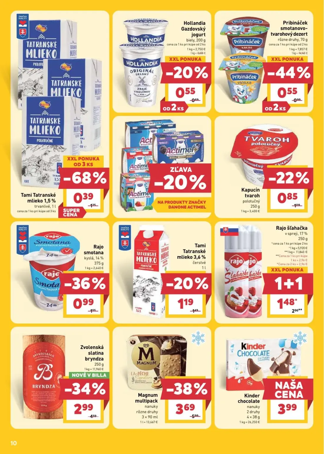 Billa leták, strana 10 z 29 — Magnum multipack nanuky rôzne druhy, Tami Tatranské mlieko 1,5%, Kinder chocolate nanuky