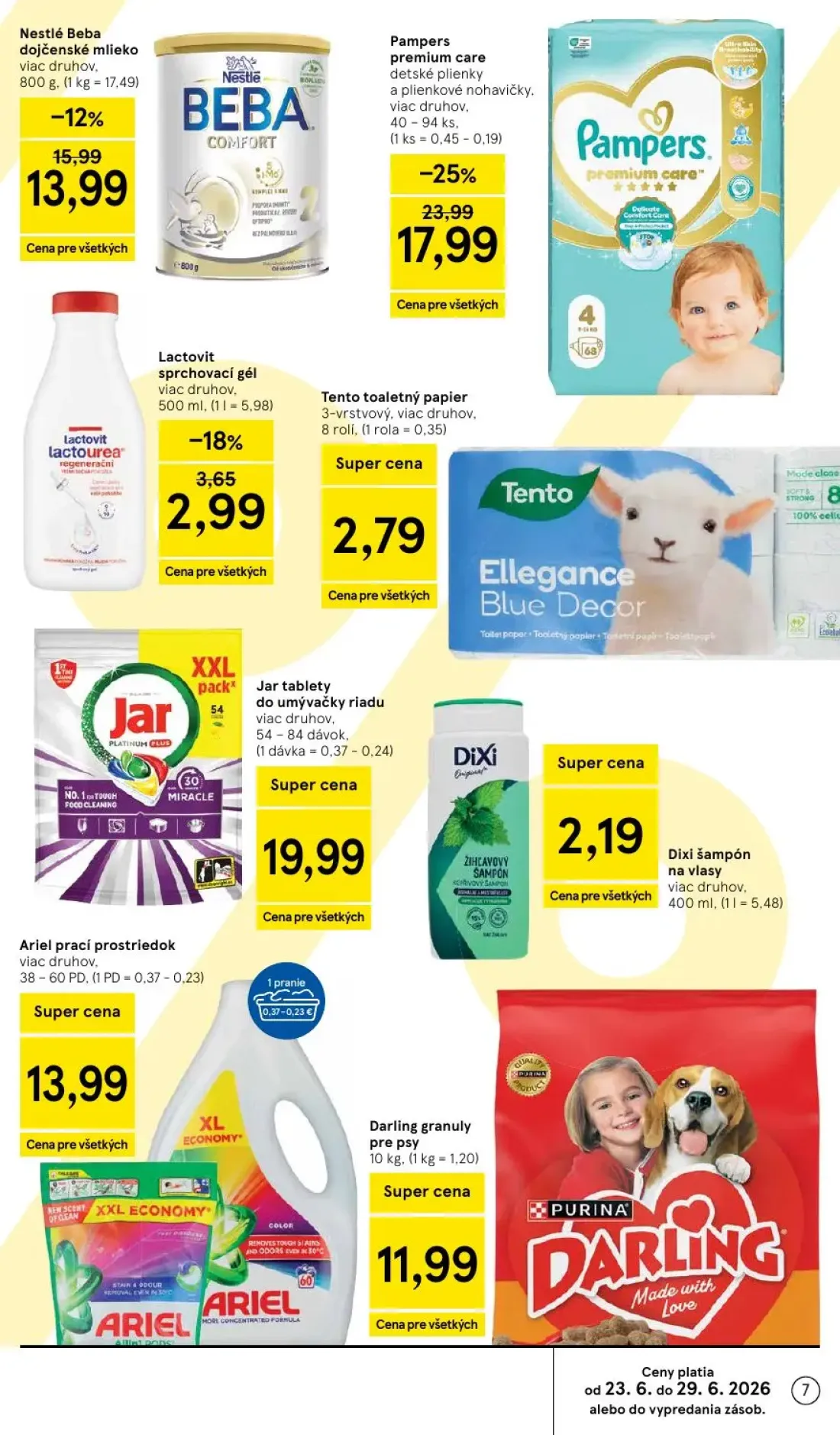 Tesco leták, strana 7 z 51 — Pampers premium care detské plienky a plienkové nohavičky, Nestlé Beba dojčenské mlieko, Jar ta…