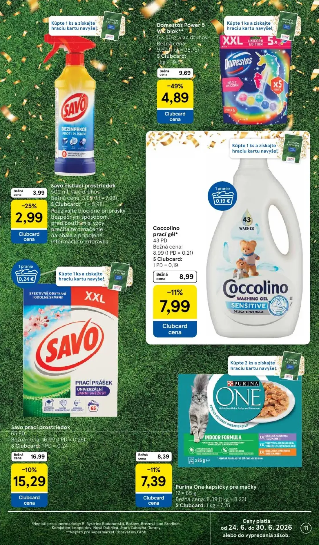Tesco Supermarket leták, strana 11 z 33 — Domestos Power 5 WC blok, Savo čistiaci prostriedok, Purina One kapsičky pre mačky