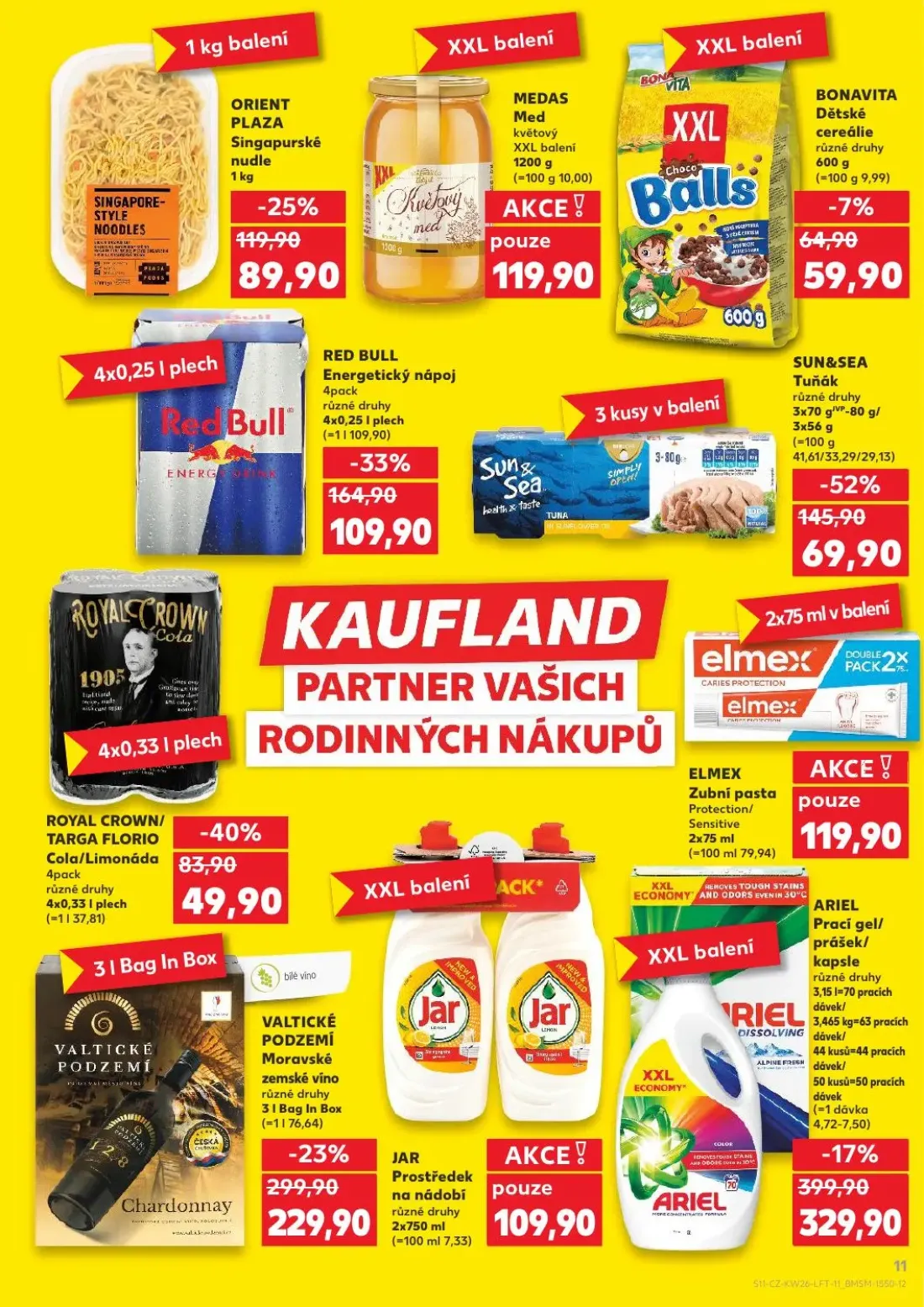 Kaufland leták, strana 11 z 54 — ARIEL Prací gel/prášek/kapsle, RED BULL Energetický nápoj, ROYAL CROWN/TARGA FLORIO Cola/Li…