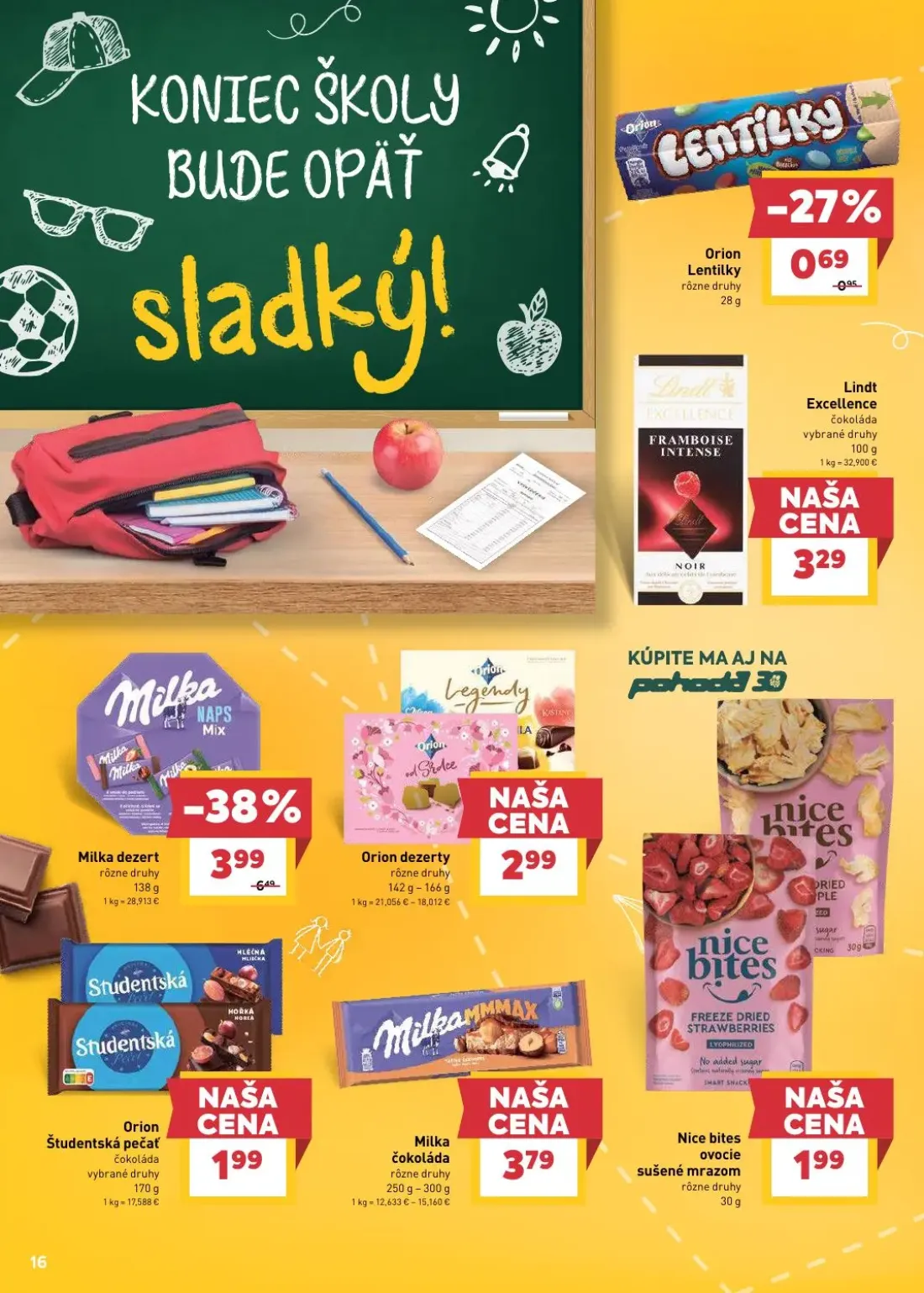 Billa leták, strana 16 z 29 — Milka dezert, Orion Lentilky, Lindt Excellence čokoláda