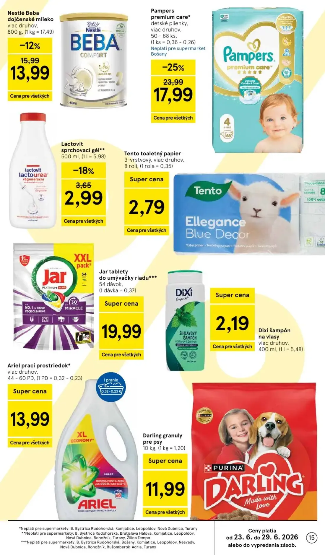Tesco Supermarket leták, strana 15 z 33 — Pampers premium care detské plienky, Nestlé Beba dojčenské mlieko, Jar tablety do …