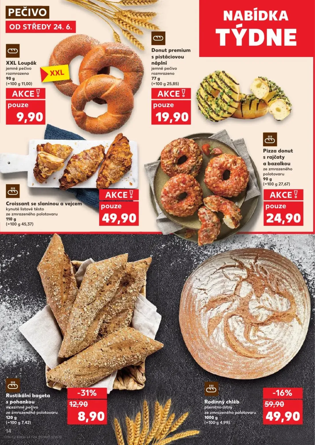 Kaufland leták, strana 14 z 54 — Rodinný chléb pšenično-žitný, Rustikální bageta s pohankou, XXL Loupák