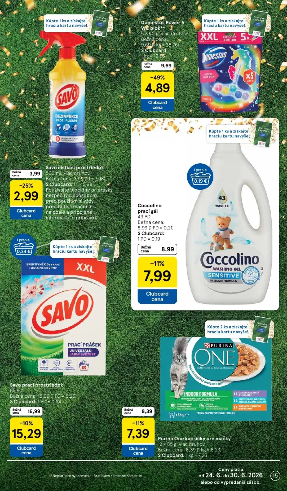 Tesco leták, strana 15 z 51 — Domestos Power 5 WC blok, Savo prací prostriedok, Savo čistiaci prostriedok