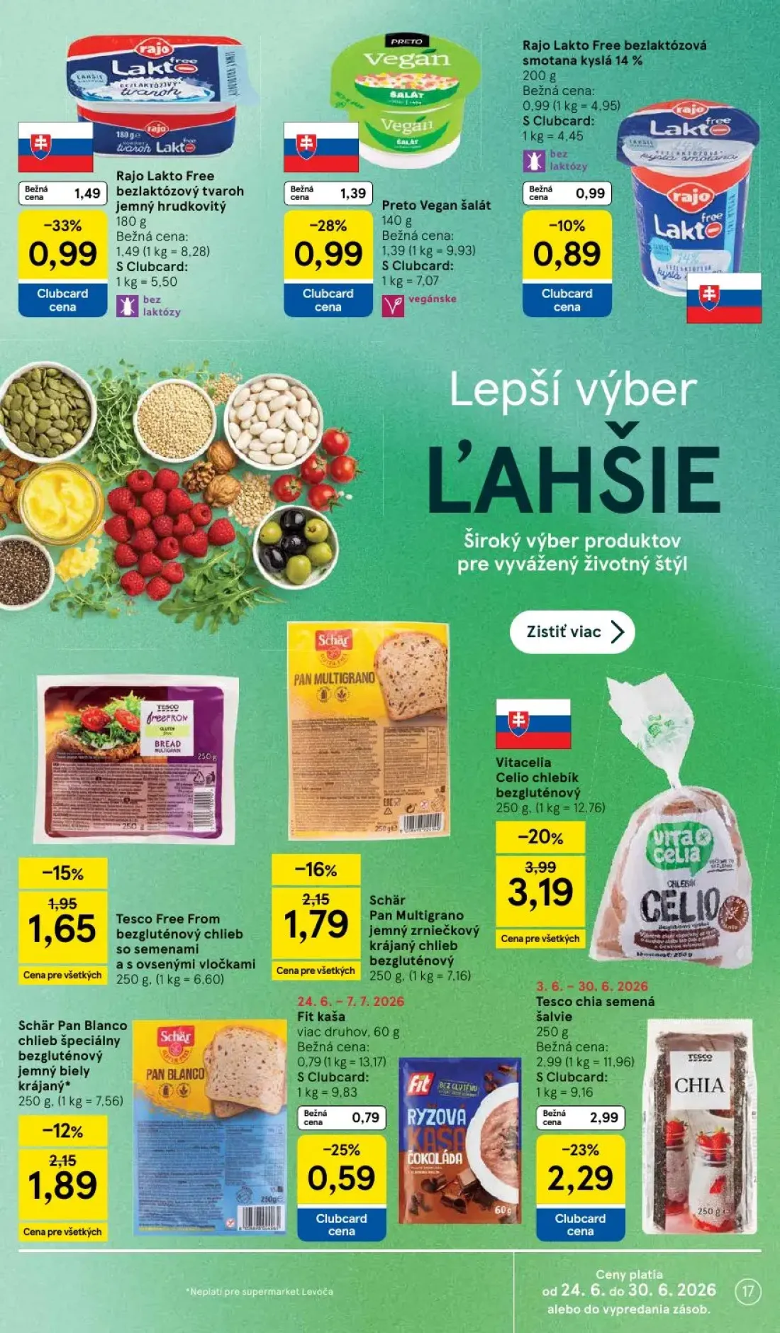 Tesco Supermarket leták, strana 17 z 33 — Vitacelia Celio chlebík bezgluténový, Rajo Lakto Free bezlaktózový tvaroh jemný hr…