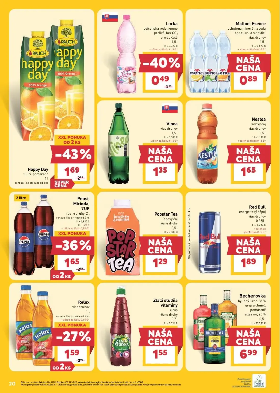 Billa leták, strana 20 z 29 — Happy Day 100% pomaranč, Pepsi, Mirinda, 7UP, Relax