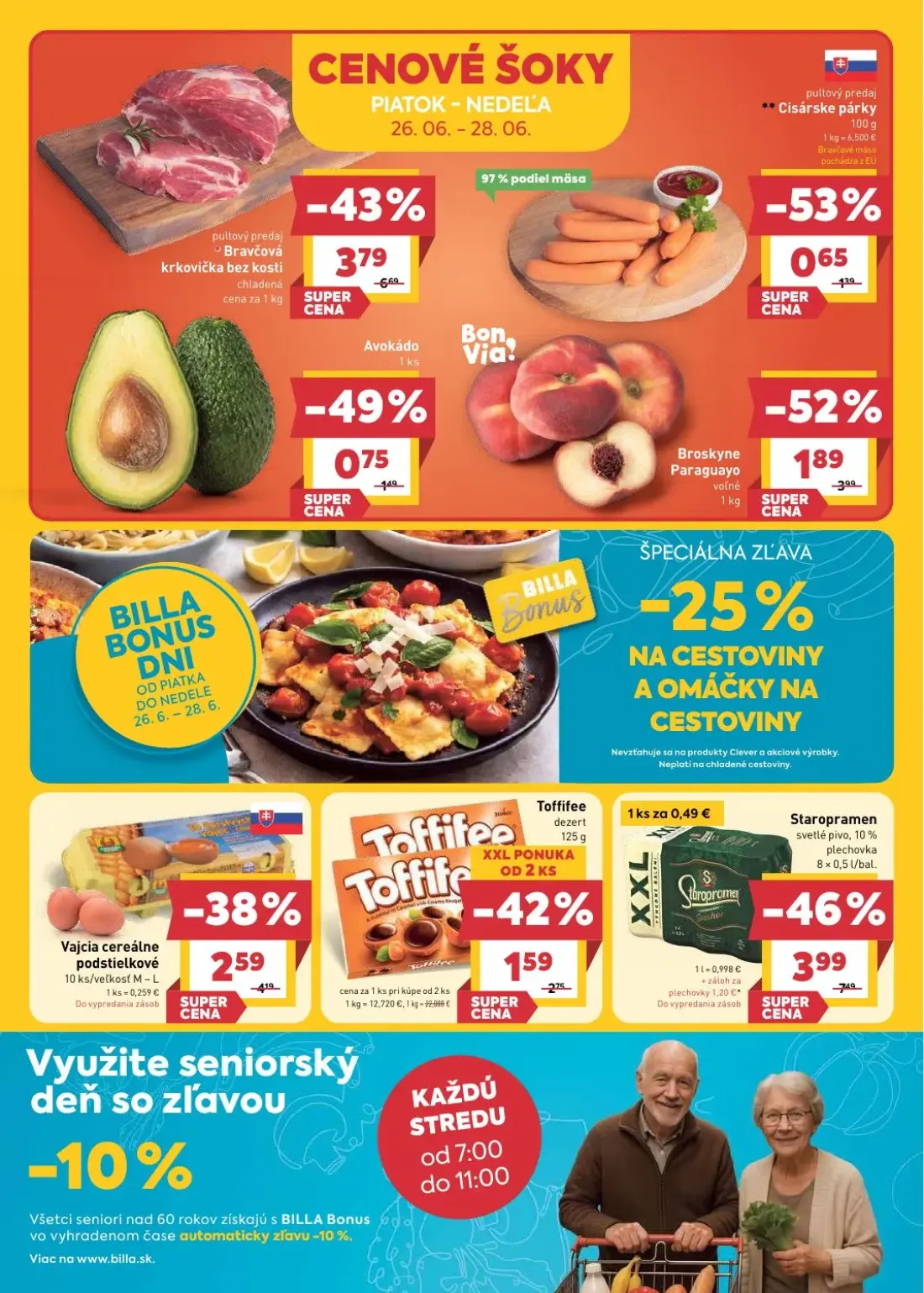 Billa leták, strana 24 z 29 — Bravčová krkovička bez kosti chladená, Broskyne Paraguayo voľné, Cisárske párky