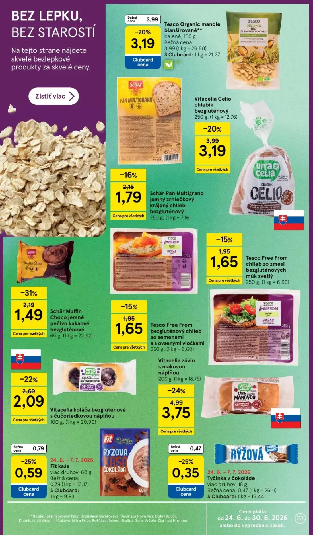 Tesco leták, strana 23 z 51 — Vitacelia závin s makovou náplňou, Vitacelia Celio chlebík bezgluténový, Schär Muffin Choco je…