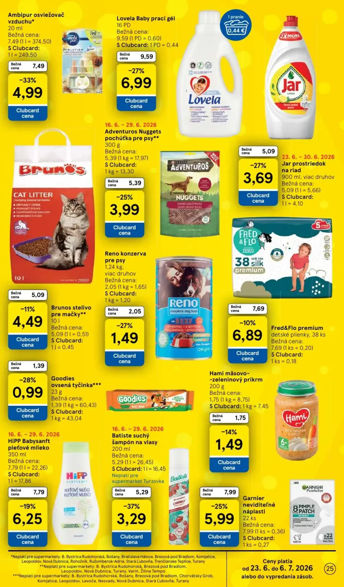 Tesco Supermarket leták, strana 25 z 33 — Ambipur osviežovač vzduchu, Adventuros Nuggets pochúťka pre psy, Fred&Flo premium …