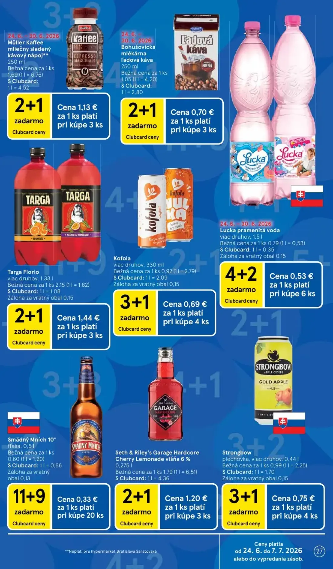 Tesco leták, strana 27 z 51 — Seth & Riley's Garage Hardcore Cherry Lemonade višňa 6%, Smädný Mních 10°, Strongbow