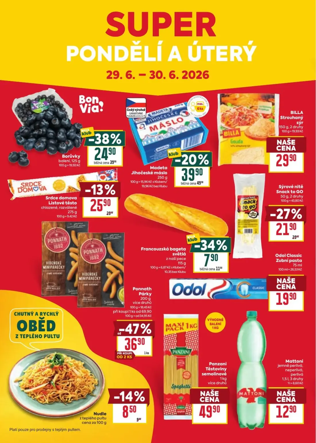 Billa leták, strana 30 z 35 — Sýrové nitě Snack to GO, Francouzská bageta světlá, BILLA Strouhaný sýr