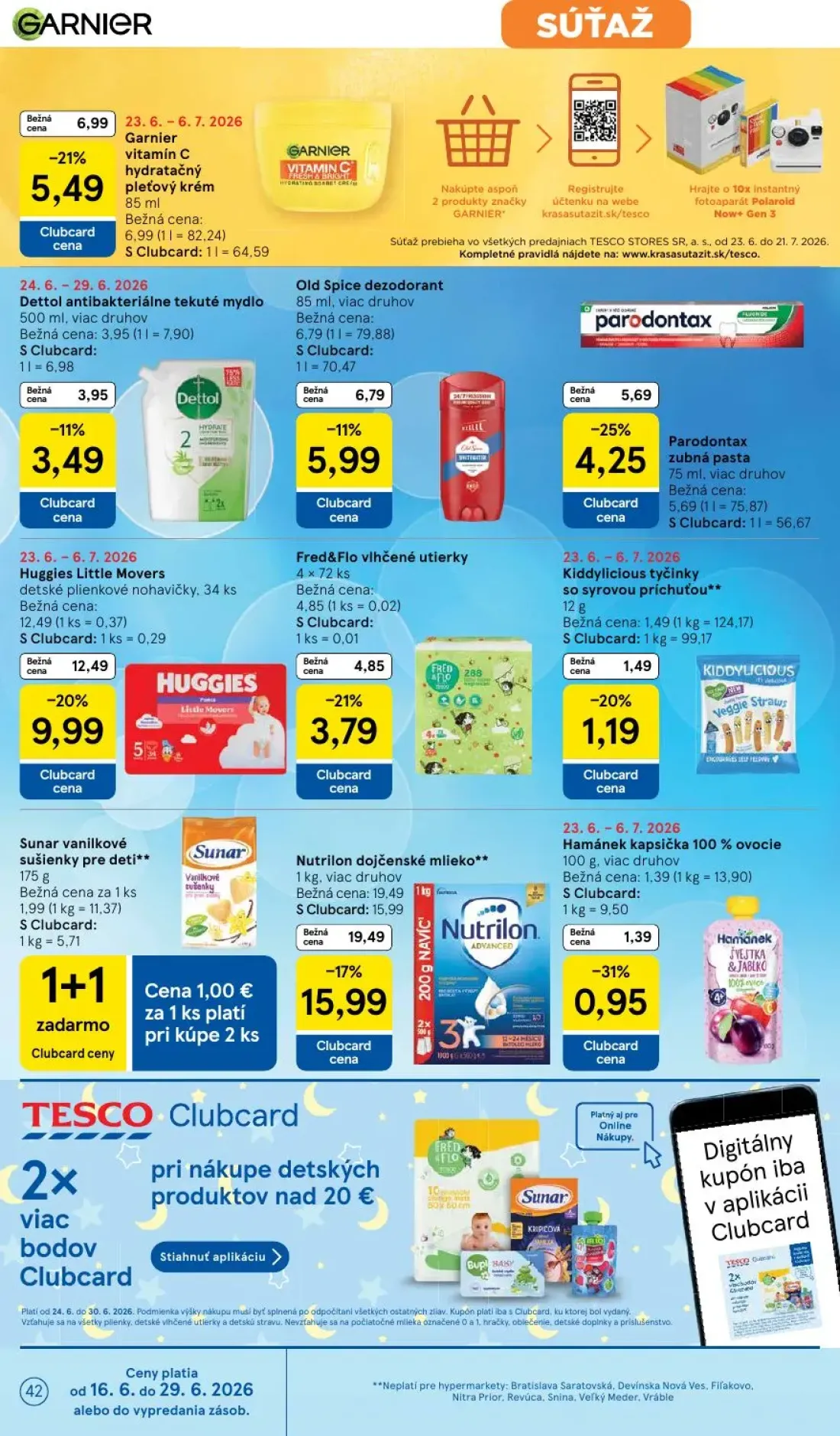 Tesco leták, strana 42 z 51 — Nutrilon dojčenské mlieko, Huggies Little Movers detské plienkové nohavičky, Fred&Flo vlhčené …