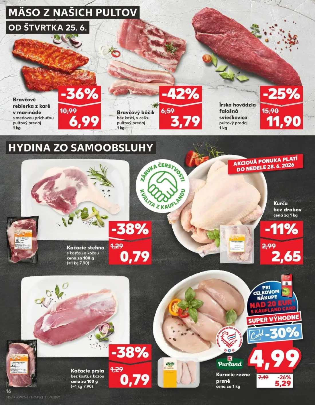 Kaufland leták, strana 16 z 84 — Bravčové rebierka z karé v marináde, Írska hovädzia falošná sviečkovica, Bravčový bôčik