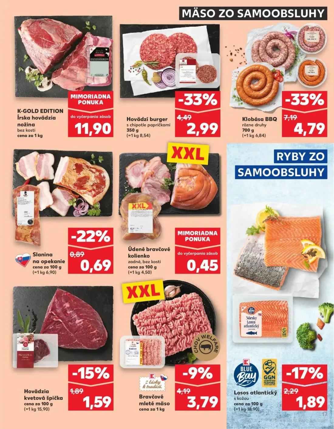 Kaufland leták, strana 17 z 84 — Klobása BBQ rôzne druhy, Hovädzí burger s chipotle papričkami, Bravčové mleté mäso