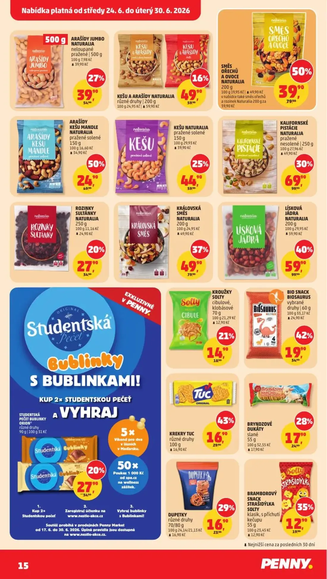 PENNY leták, strana 15 z 38 — SMĚS OŘECHŮ A OVOCE NATURALIA, LÍSKOVÁ JÁDRA NATURALIA, KALIFORNSKÉ PISTÁCIE NATURALIA