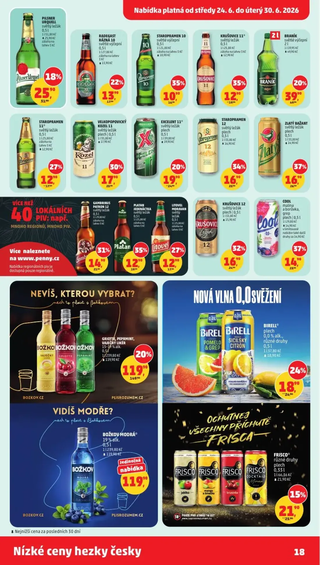 PENNY leták, strana 18 z 38 — BRANÍK světlé výčepní 21, ZLATÝ BAŽANT světlý ležák plech, STAROPRAMEN 12 světlý ležák plech