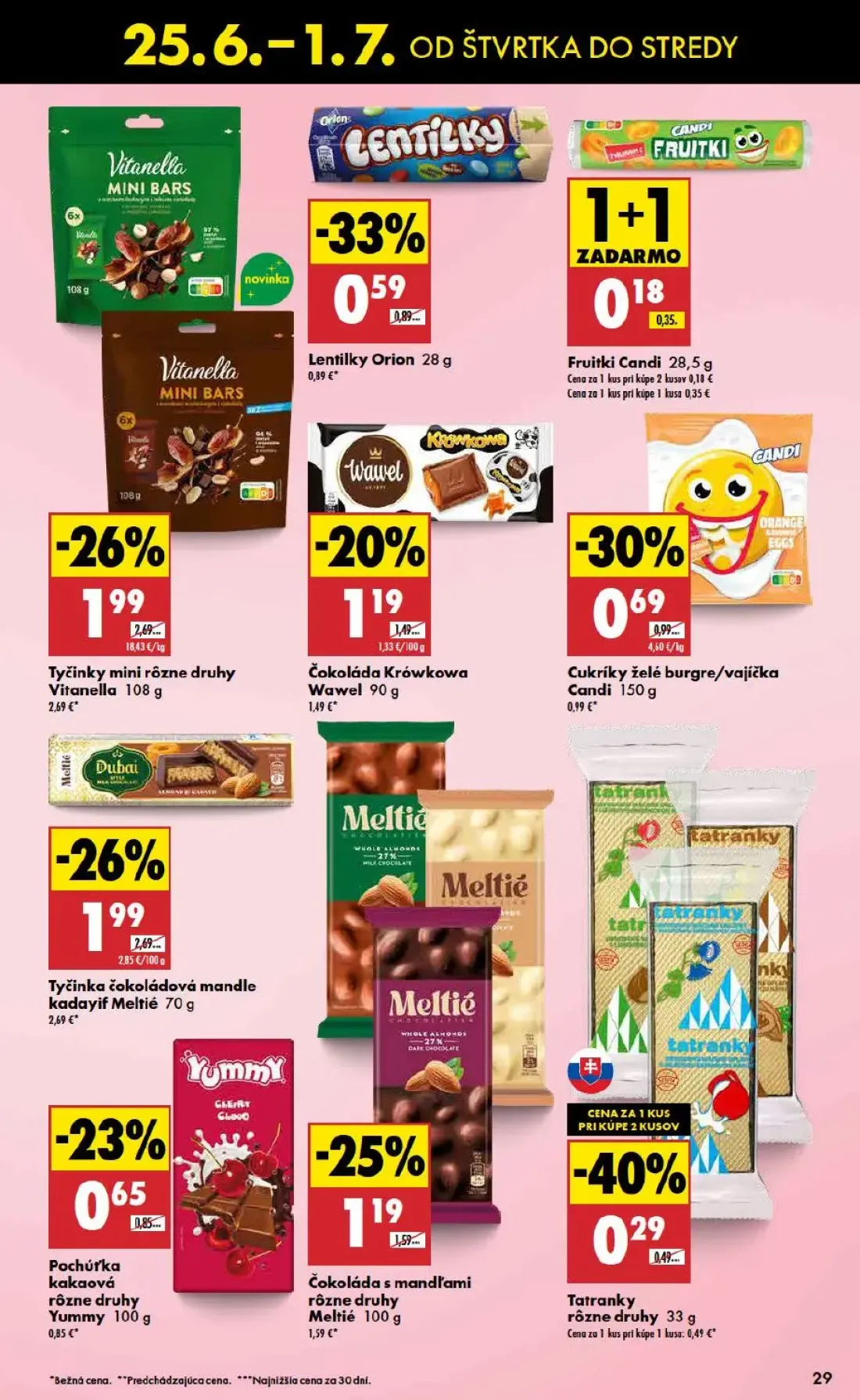 Biedronka leták, strana 29 z 48 — Tyčinky mini rôzne druhy Vitanella, Tyčinka čokoládová mandle kadayif Meltié, Čokoláda s m…