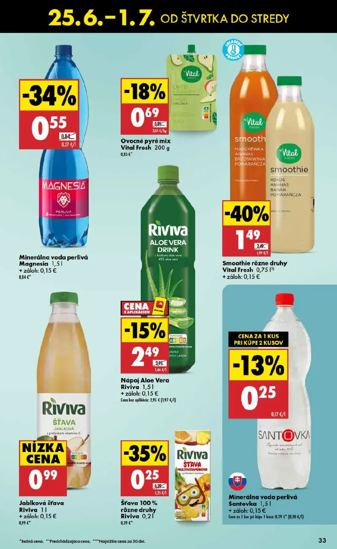 Biedronka leták, strana 33 z 48 — Smoothie rôzne druhy Vital Fresh, Nápoj Aloe Vera Riviva, Minerálna voda perlivá Magnesia
