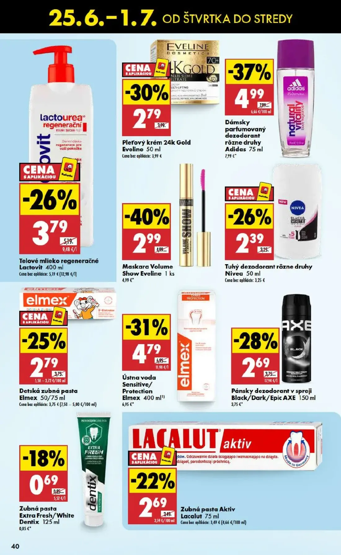 Biedronka leták, strana 40 z 48 — Dámsky parfumovaný dezodorant rôzne druhy Adidas, Maskara Volume Show Eveline, Telové mlie…