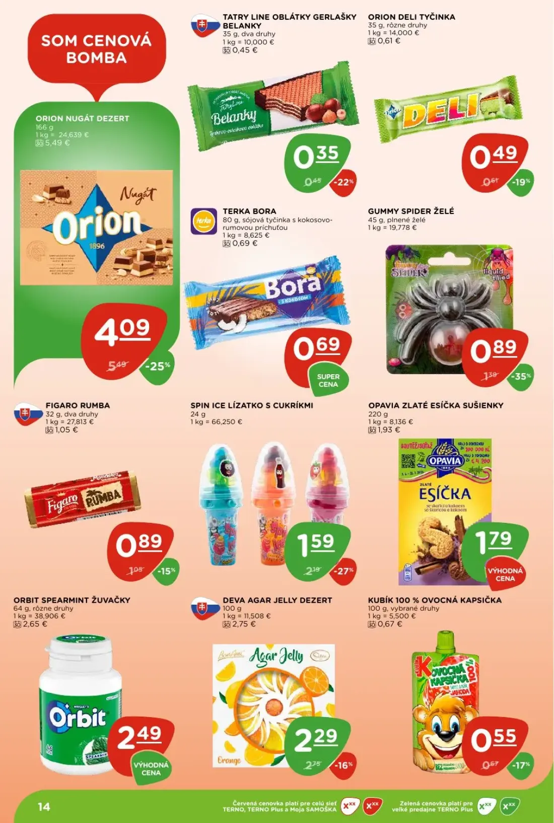 Terno leták, strana 14 z 26 — ORION NUGÁT DEZERT, SPIN ICE LÍZATKO S CUKRÍKMI, GUMMY SPIDER ŽELÉ