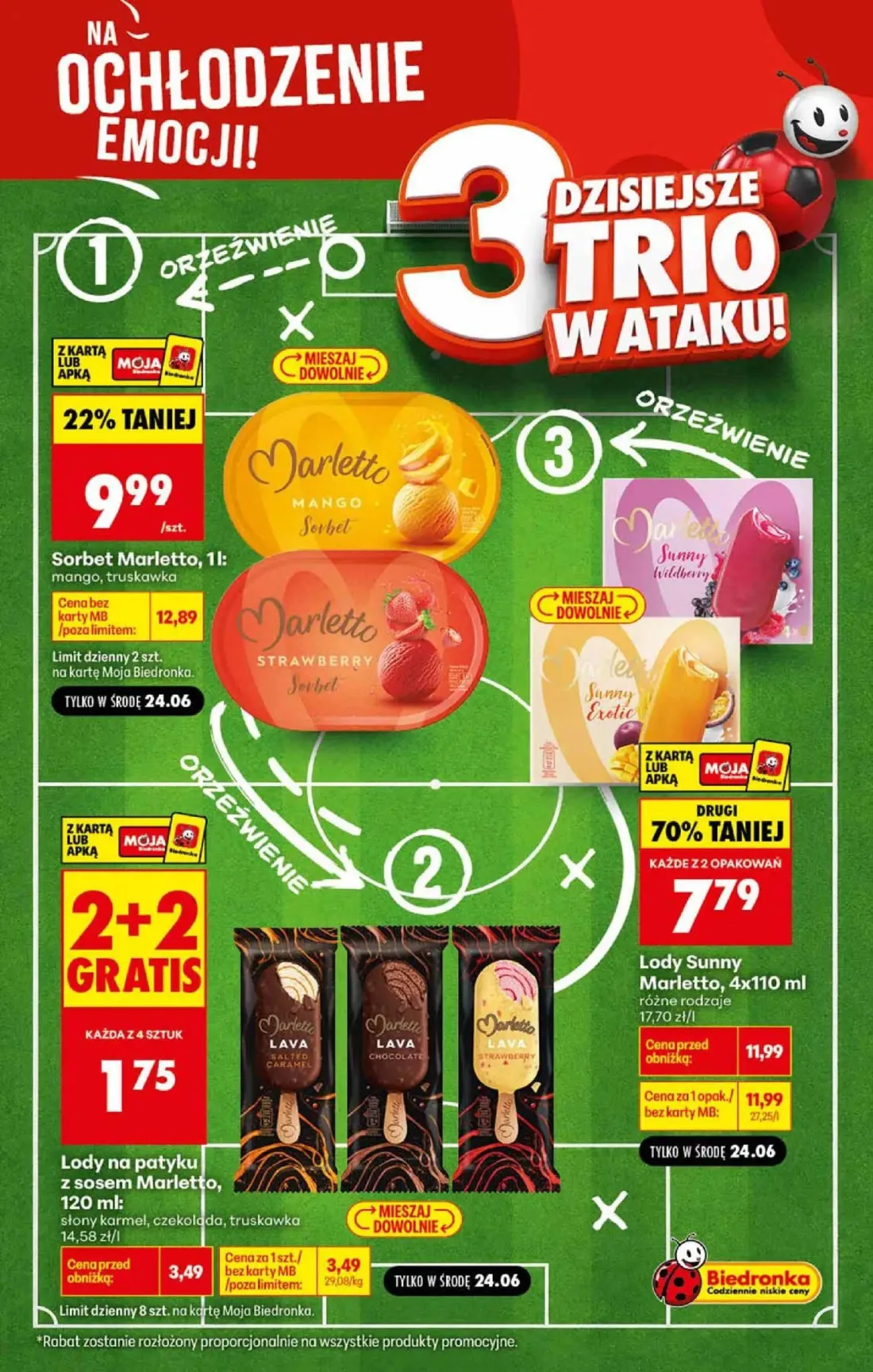 Biedronka gazetka, strona 3 z 6 — Lody Sunny Marletto, Sorbet Marletto, Lody na patyku z sosem Marletto