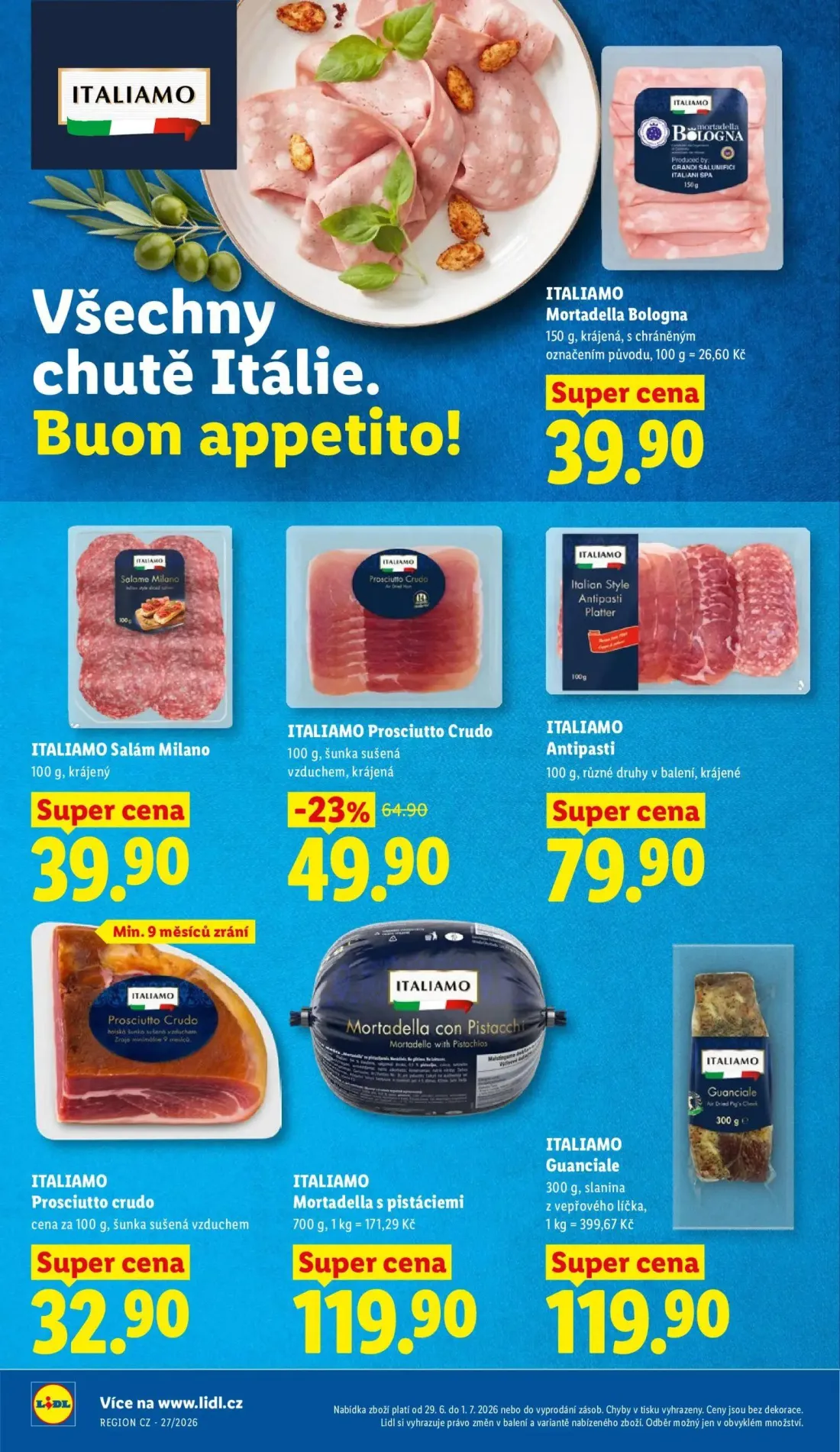 Lidl leták, strana 16 z 58 — Prosciutto Crudo, Mortadella Bologna, Salám Milano