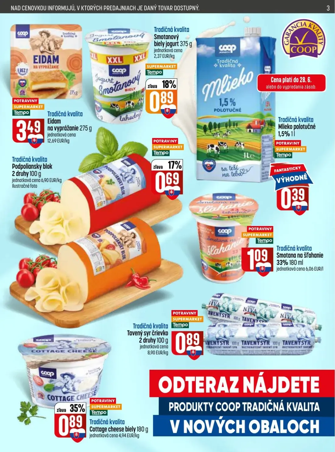 Coop Jednota leták, strana 3 z 32 — Eidam na vyprážanie, Smotanový biely jogurt, Mlieko polotučné