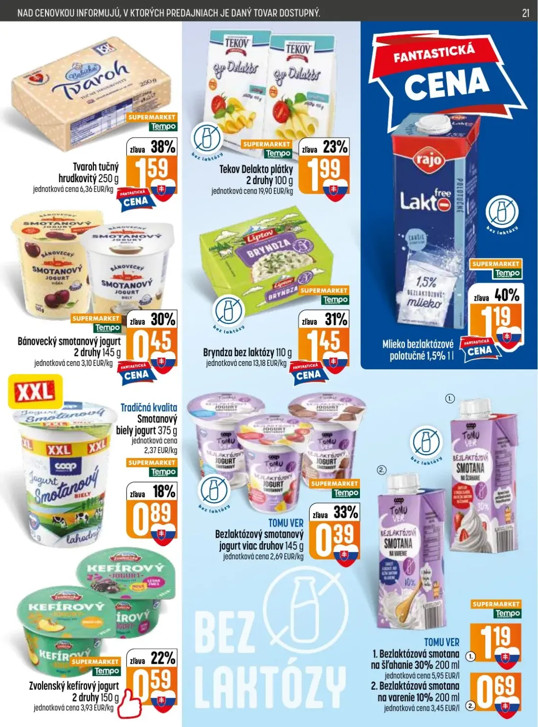 Coop Jednota leták, strana 21 z 32 — Tvaroh tučný hrudkovitý, Tekov Delakto plátky, Bánovecký smotanový jogurt
