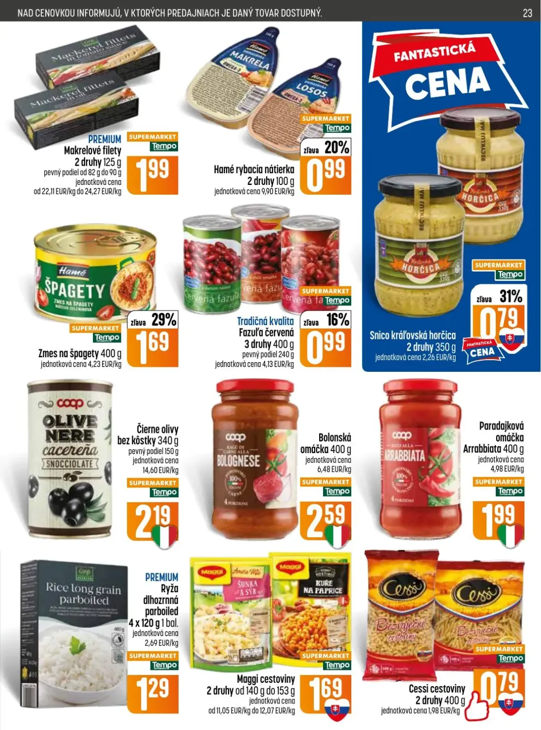 Coop Jednota leták, strana 23 z 32 — Makrelové filety, Hamé rybacia nátierka, Snico kráľovská horčica