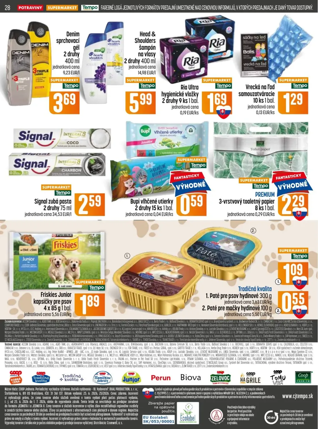Coop Jednota leták, strana 28 z 32 — Denim sprchovací gél, Head & Shoulders šampón na vlasy, Ria Ultra hygienické vložky