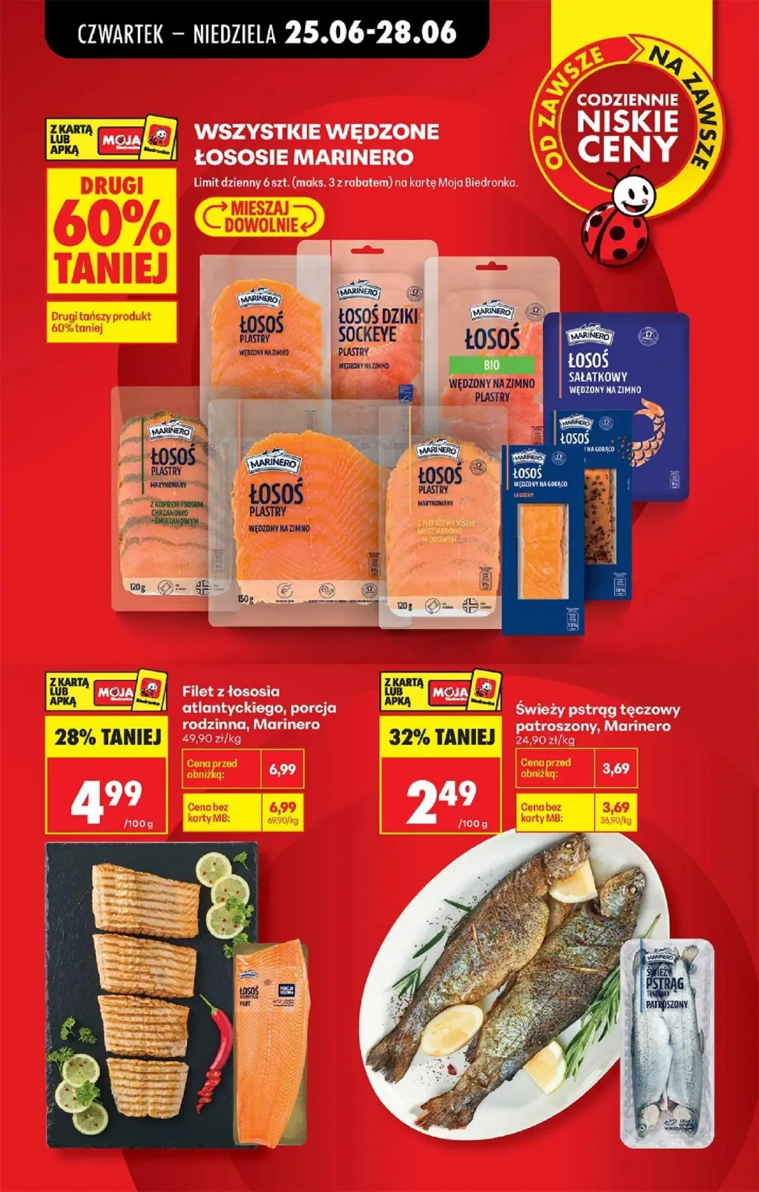 Biedronka gazetka, strona 9 z 84 — Filet z łososia atlantyckiego, porcja rodzinna, Marinero, Świeży pstrąg tęczowy patroszon…