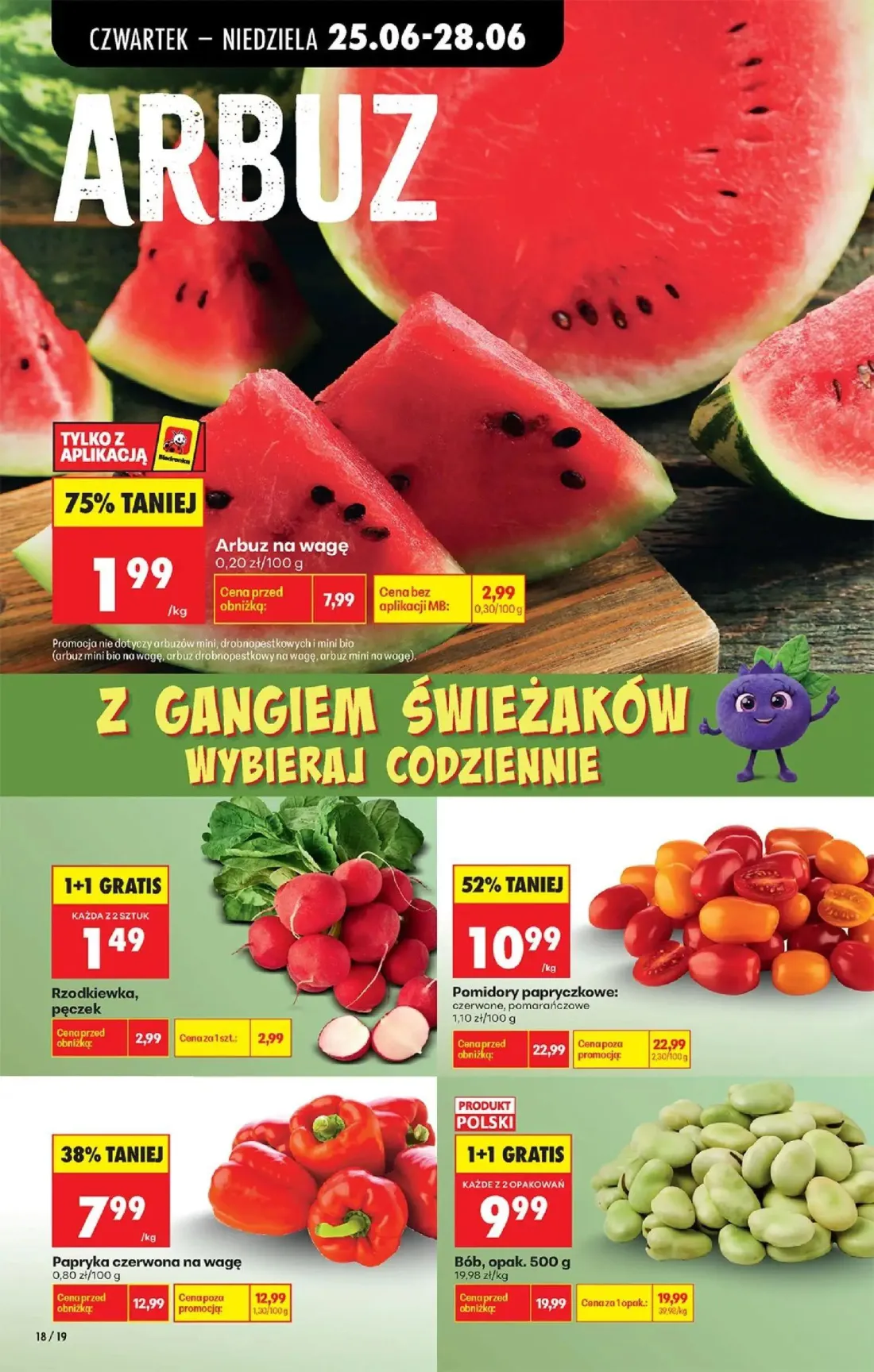 Biedronka gazetka, strona 20 z 84 — Pomidory papryczkowe: czerwone, pomarańczowe, Bób, opak. 500 g, Arbuz na wagę