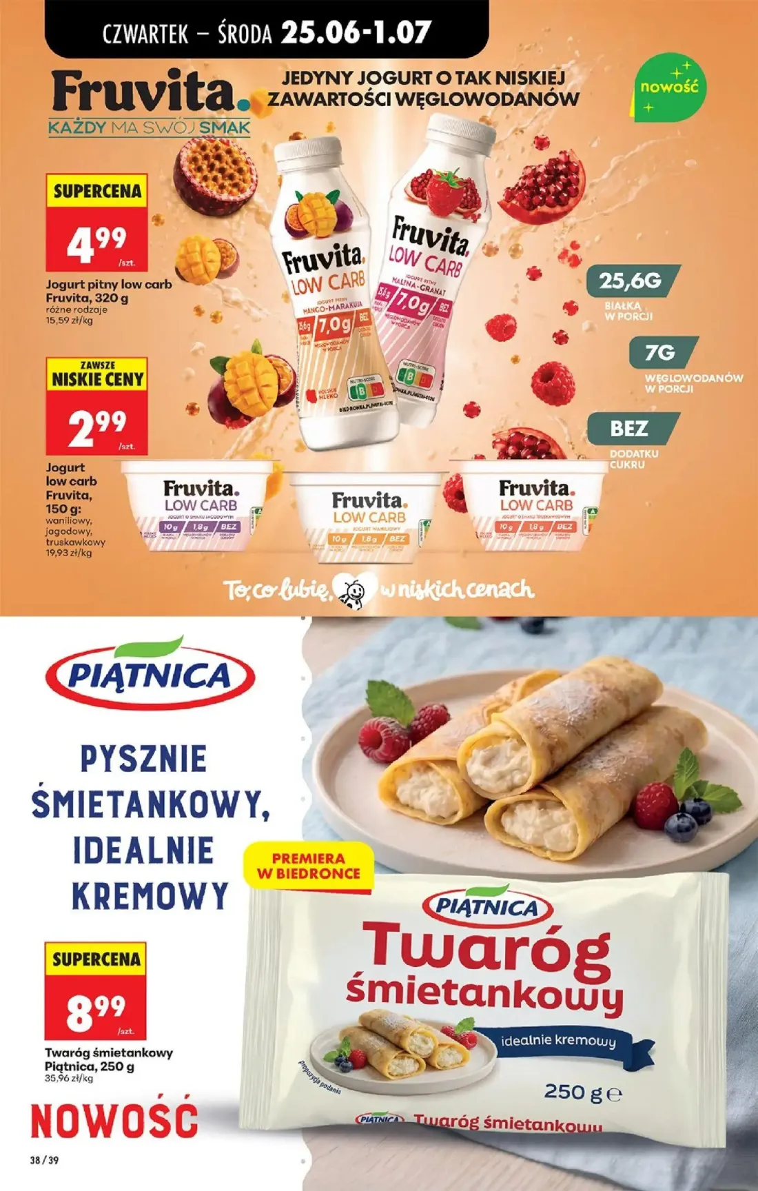 Biedronka gazetka, strona 44 z 84 — Jogurt pitny low carb Fruvita, Jogurt low carb Fruvita, Twaróg śmietankowy Piątnica