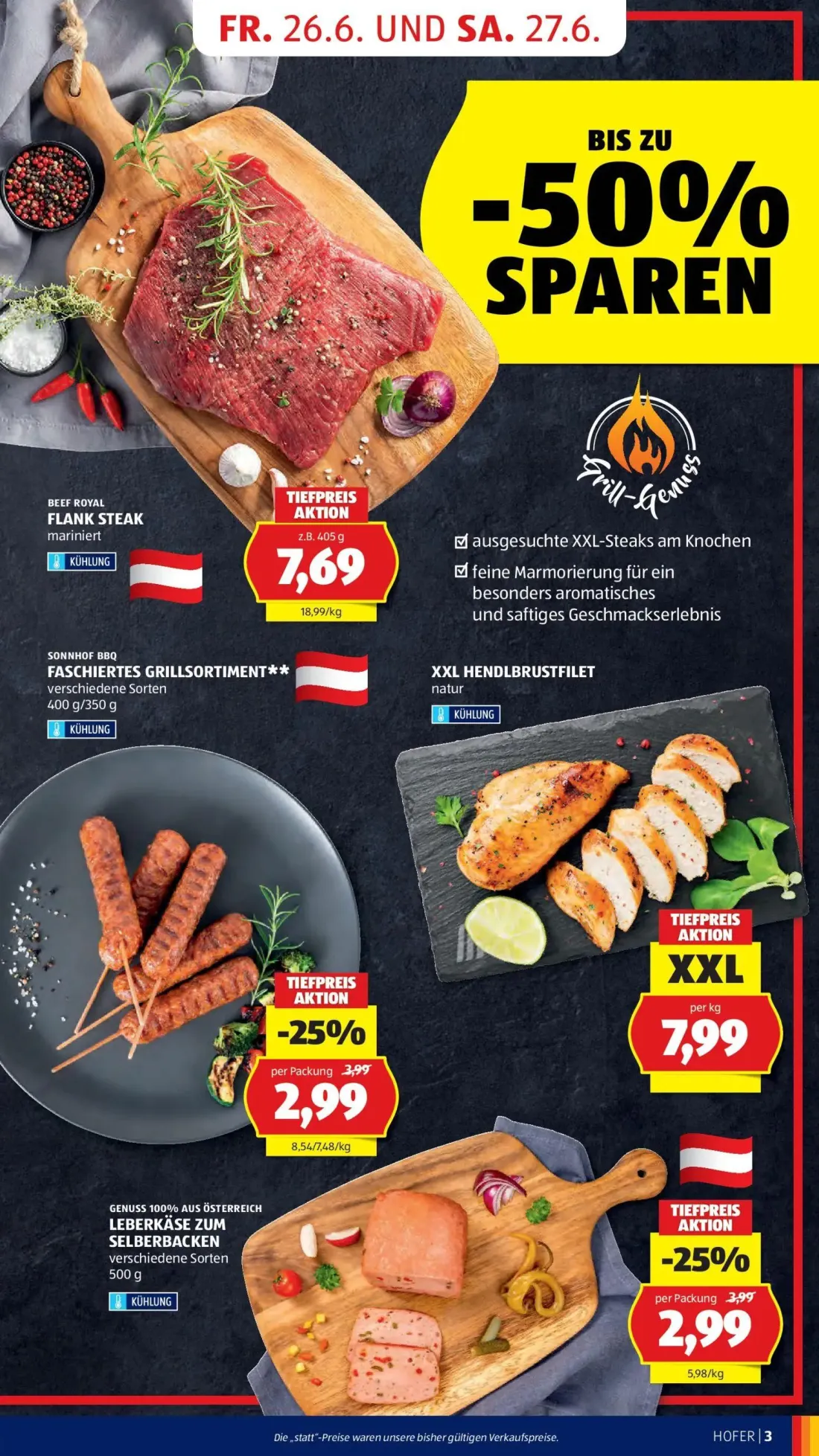Hofer Prospekt, Seite 7 von 41 — SONNHOF BBQ FASCHIERTES GRILLSORTIMENT, LEBERKÄSE ZUM SELBERBACKEN, BEEF ROYAL FLANK STEAK …