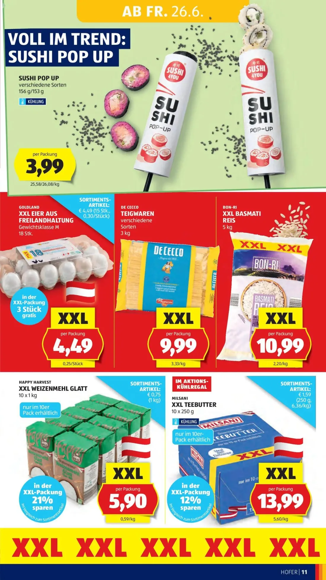 Hofer Prospekt, Seite 15 von 41 — XXL EIER AUS FREILANDHALTUNG Gewichtsklasse M, TEIGWAREN verschiedene Sorten, XXL BASMATI …